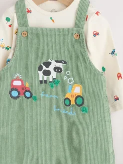 Groen met boerderijprint - Corduroy bretelbroeken en Bodysuit set (0mnd-2jr)