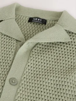 Groen met palmenprint - Gebreid poloshirt met reverskraag en korte mouwen met textuur (3mnd -7jr)