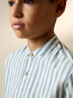 Groen/ecru gestreept - Overhemd van linnenmix met opa-kraag en lange mouwen (3-16 jr)