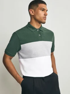 Groen/grijs - 100% katoenen poloshirt met korte mouwen, knopen en kleurvlakken