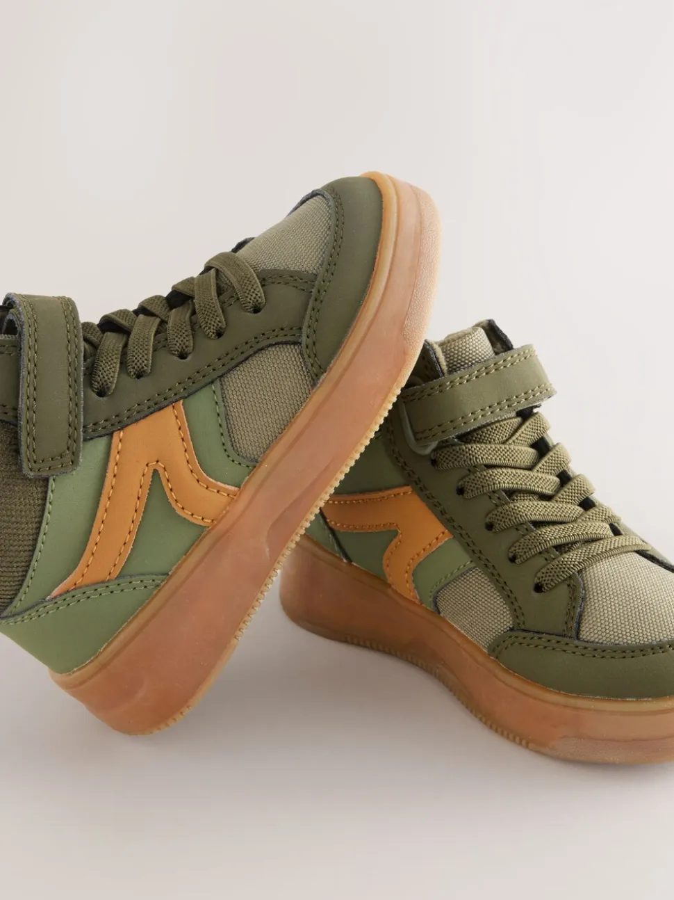 Groen-kaki - Hoge sneakers met klittenbandsluiting en elastische veters