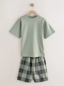 Groen/oranje - Set van 3 geweven geruite pyjama's (3-16 jr)