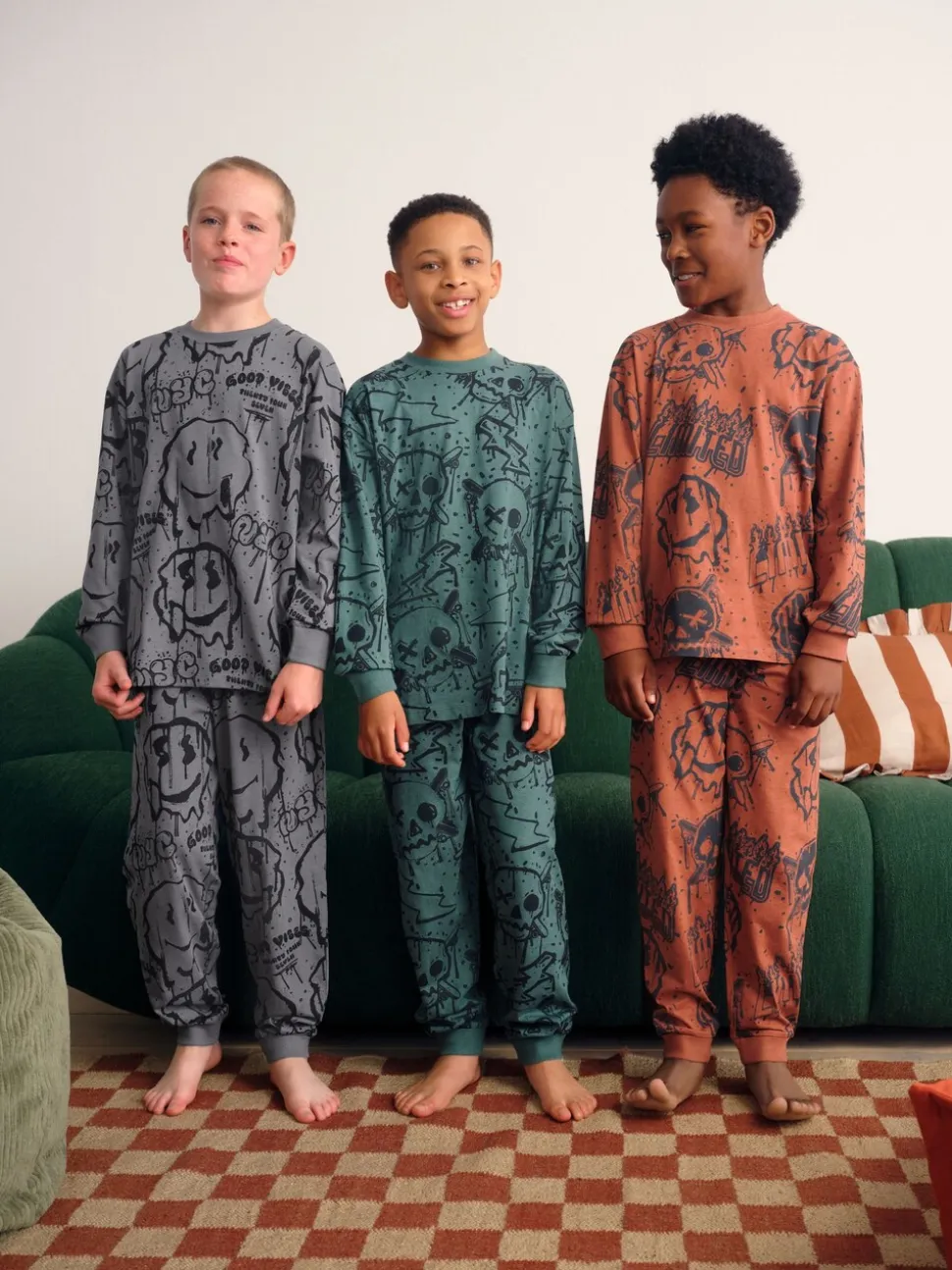 Groen/oranje graffiti-schedel - Verpakking van 3 pyjama's met lange mouwen (3-16 jr)