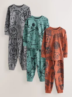 Groen/oranje graffiti-schedel - Verpakking van 3 pyjama's met lange mouwen (3-16 jr)