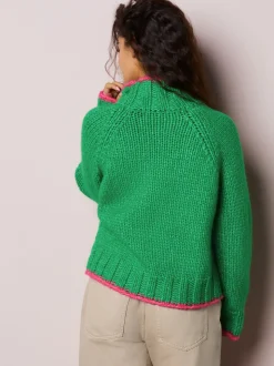Groen/roze hart - Grof gebreide Staande Hals Trui Met Wol