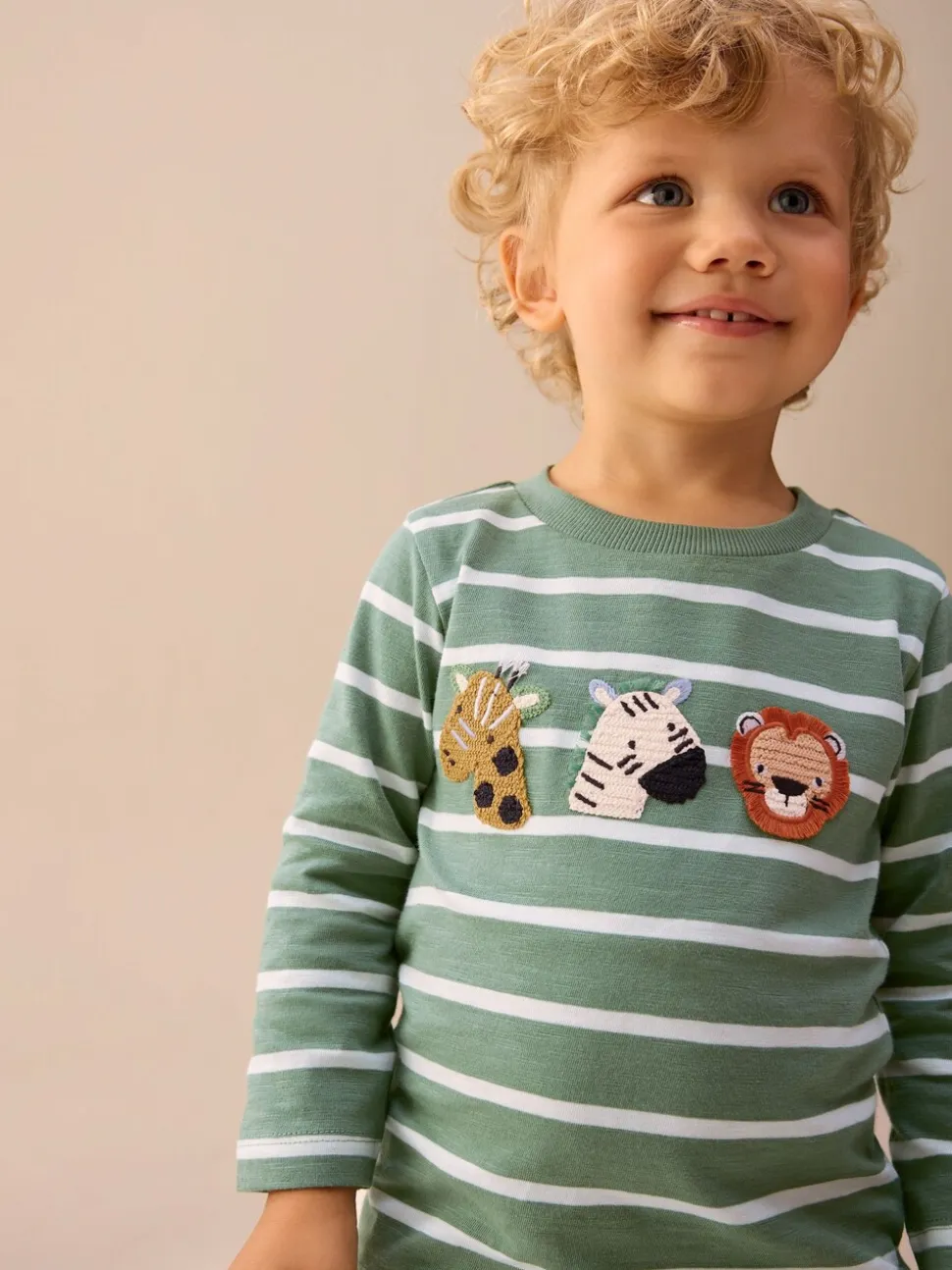 Groen/wit gestreepte safari - T-shirt met applicatie en lange mouwen (3 mnd-7 jr)