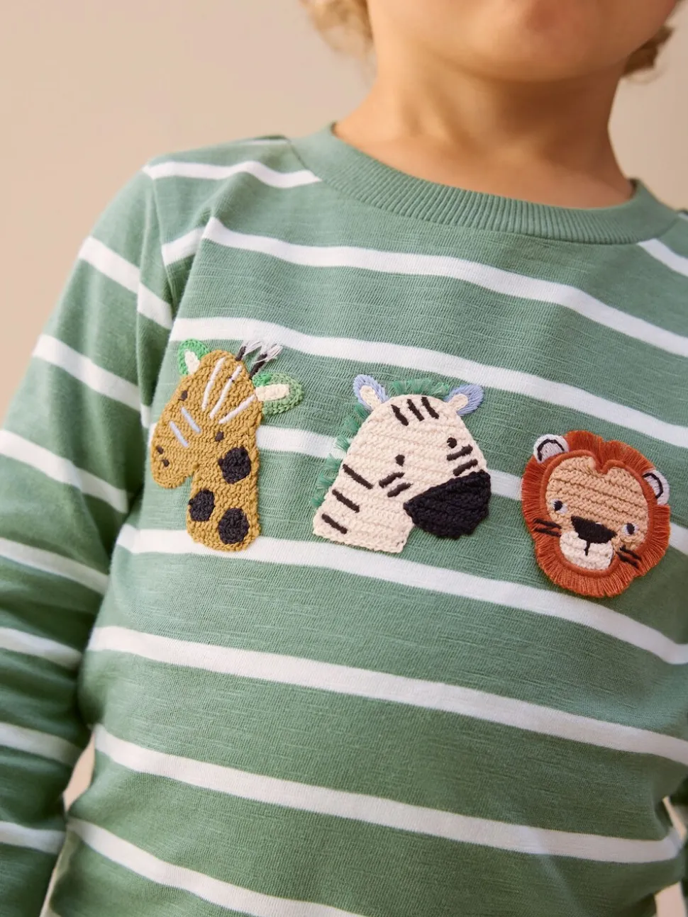 Groen/wit gestreepte safari - T-shirt met applicatie en lange mouwen (3 mnd-7 jr)