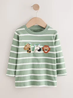 Groen/wit gestreepte safari - T-shirt met applicatie en lange mouwen (3 mnd-7 jr)