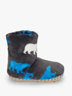 Hatley Grey Polar Bear Silhouette Fuzzy Fleece Slippers