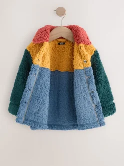 Helder blauw/geel kleurblok - Fleece shacket van borg (3 mnd - 7 jr)