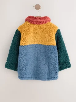 Helder blauw/geel kleurblok - Fleece shacket van borg (3 mnd - 7 jr)