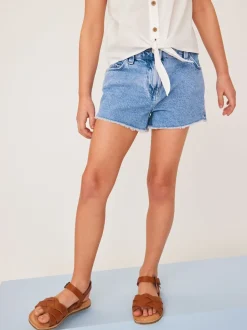 Helderblauw - Denim shorts met rafels (3-16jr)
