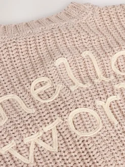 Hello World Naturel - Grofgebreid babyvestje met borduursel