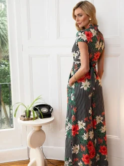 HotSquash - Zwarte gebloemde jumpsuit met krijtstreep en wijde pijpen