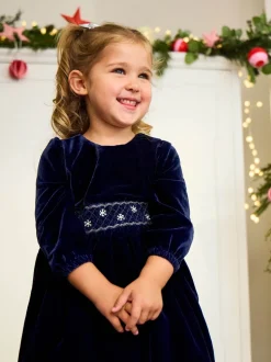 JoJo Maman Bébé - Gesmokte fluwelen feestjurk met taille