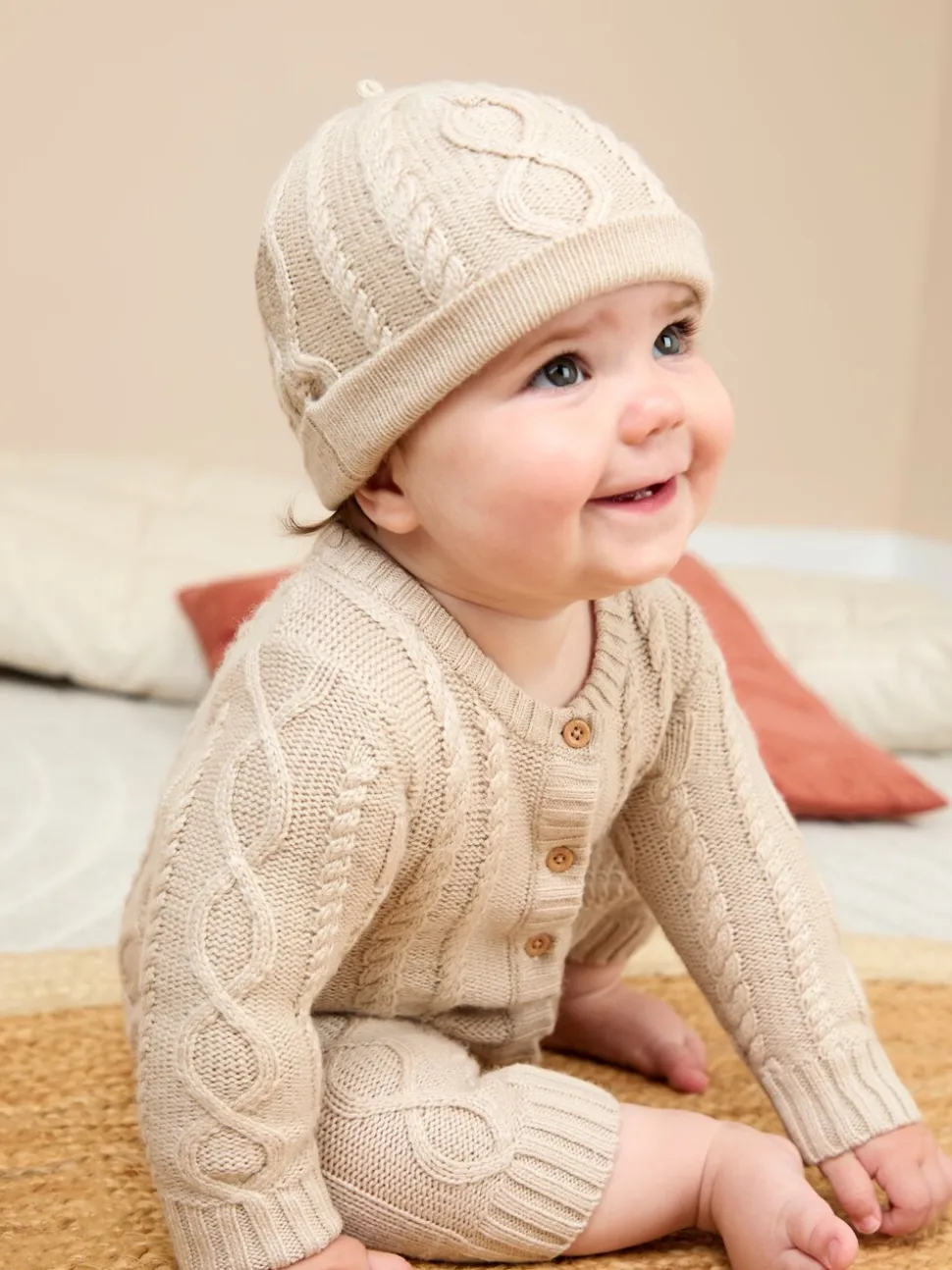 JoJo Maman Bébé Cable Knit All-In-One With Hat