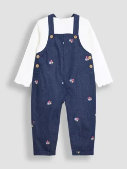 JoJo Maman Bébé Chambray Embroidered Dungarees & Rib Top Set