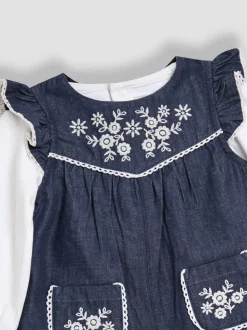 JoJo Maman Bébé Embroidered Chambray Dungarees & Top Set