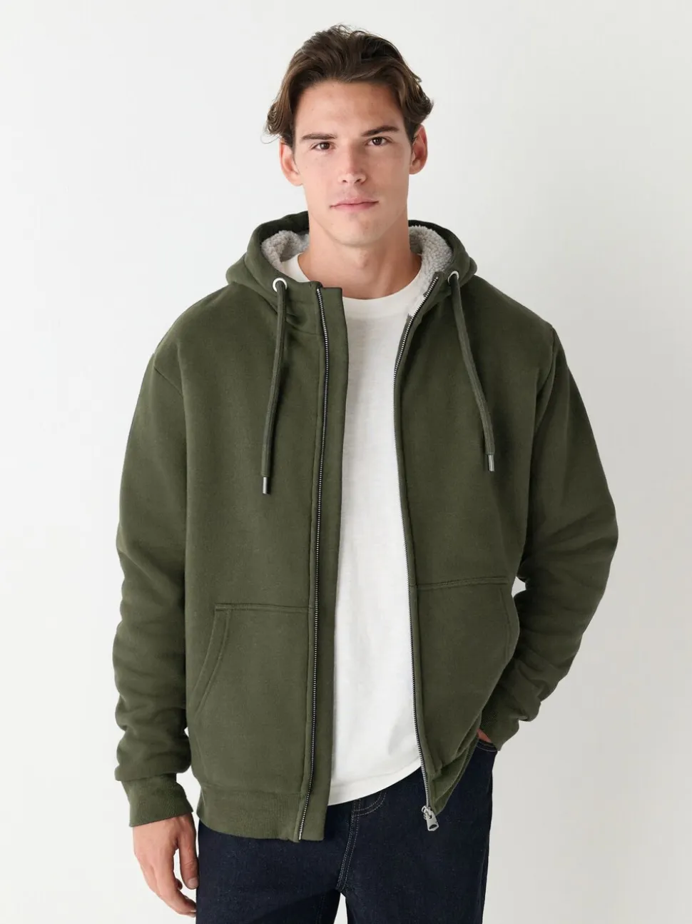 Kakigroen - Borg hoodie met fleecevoering en volledige ritssluiting