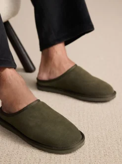 Kakigroen - Met imitatiebont gevoerde Signature suède pantoffelmuiltjes