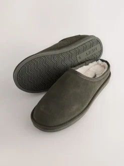 Kakigroen - Met imitatiebont gevoerde Signature suède pantoffelmuiltjes