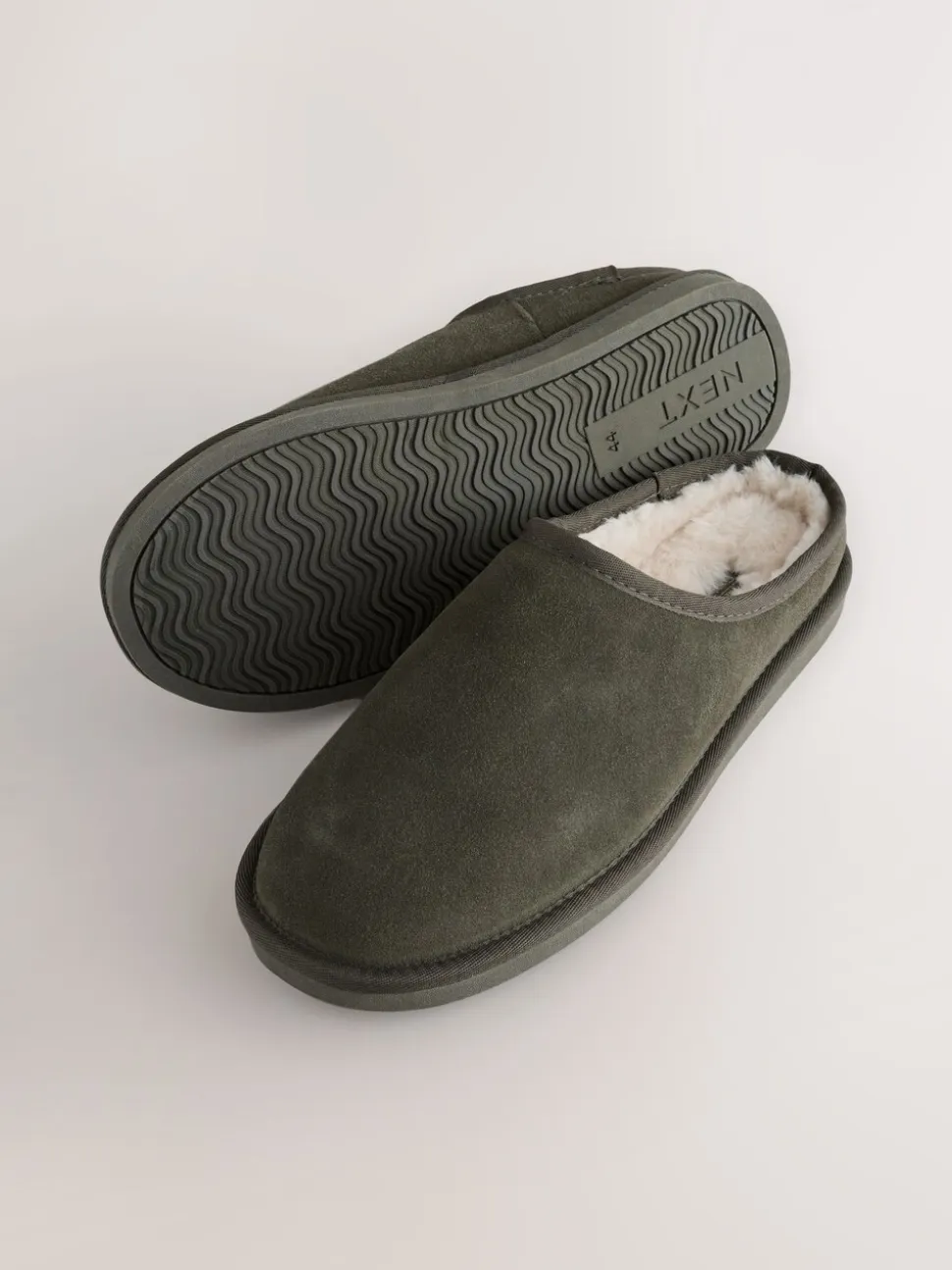 Kakigroen - Met imitatiebont gevoerde Signature suède pantoffelmuiltjes