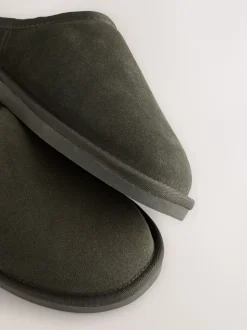 Kakigroen - Met imitatiebont gevoerde Signature suède pantoffelmuiltjes