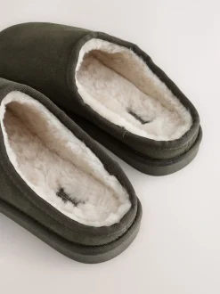 Kakigroen - Met imitatiebont gevoerde Signature suède pantoffelmuiltjes