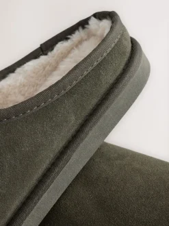 Kakigroen - Met imitatiebont gevoerde Signature suède pantoffelmuiltjes