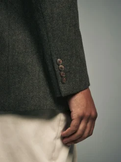 Kakigroen - Normale Pasvorm - Blazer met visgraatmotief en hoog wolgehalte