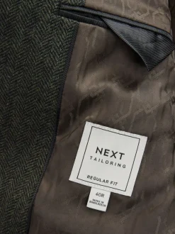 Kakigroen - Normale Pasvorm - Blazer met visgraatmotief en hoog wolgehalte