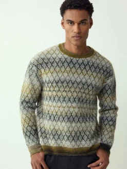 Kakigroen - Relaxed Fit Ombre Diamond Pattern Texture Crew Neck Jumper with Wool