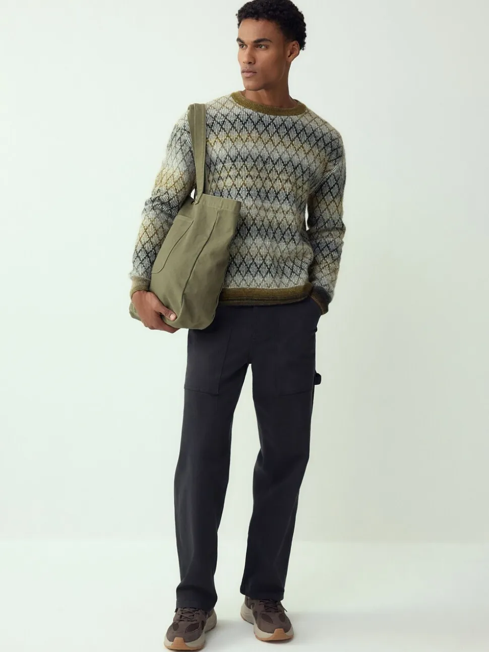 Kakigroen - Relaxed Fit Ombre Diamond Pattern Texture Crew Neck Jumper with Wool
