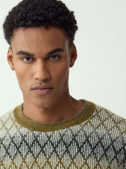 Kakigroen - Relaxed Fit Ombre Diamond Pattern Texture Crew Neck Jumper with Wool