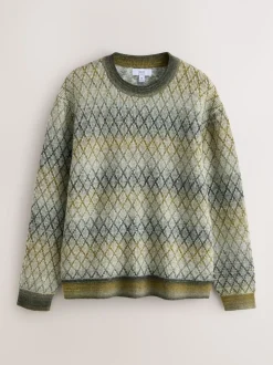 Kakigroen - Relaxed Fit Ombre Diamond Pattern Texture Crew Neck Jumper with Wool