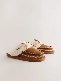 Kastanjebruin - Stitch Suede Faux Fur Lined Mule Slippers