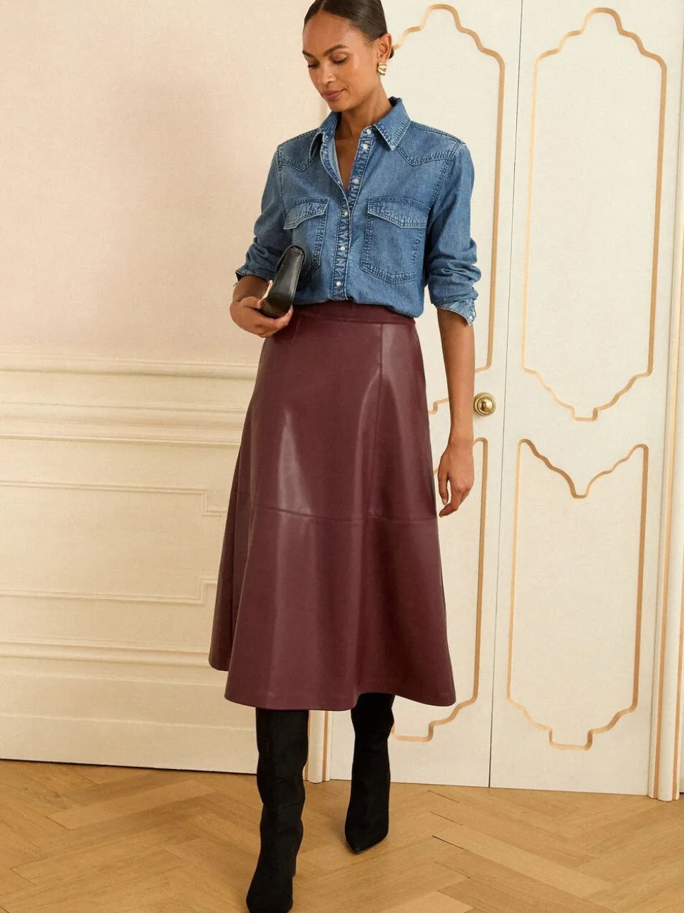 Kersrood - Love & Roses Fit en Flare imitatieleren midi-jurk