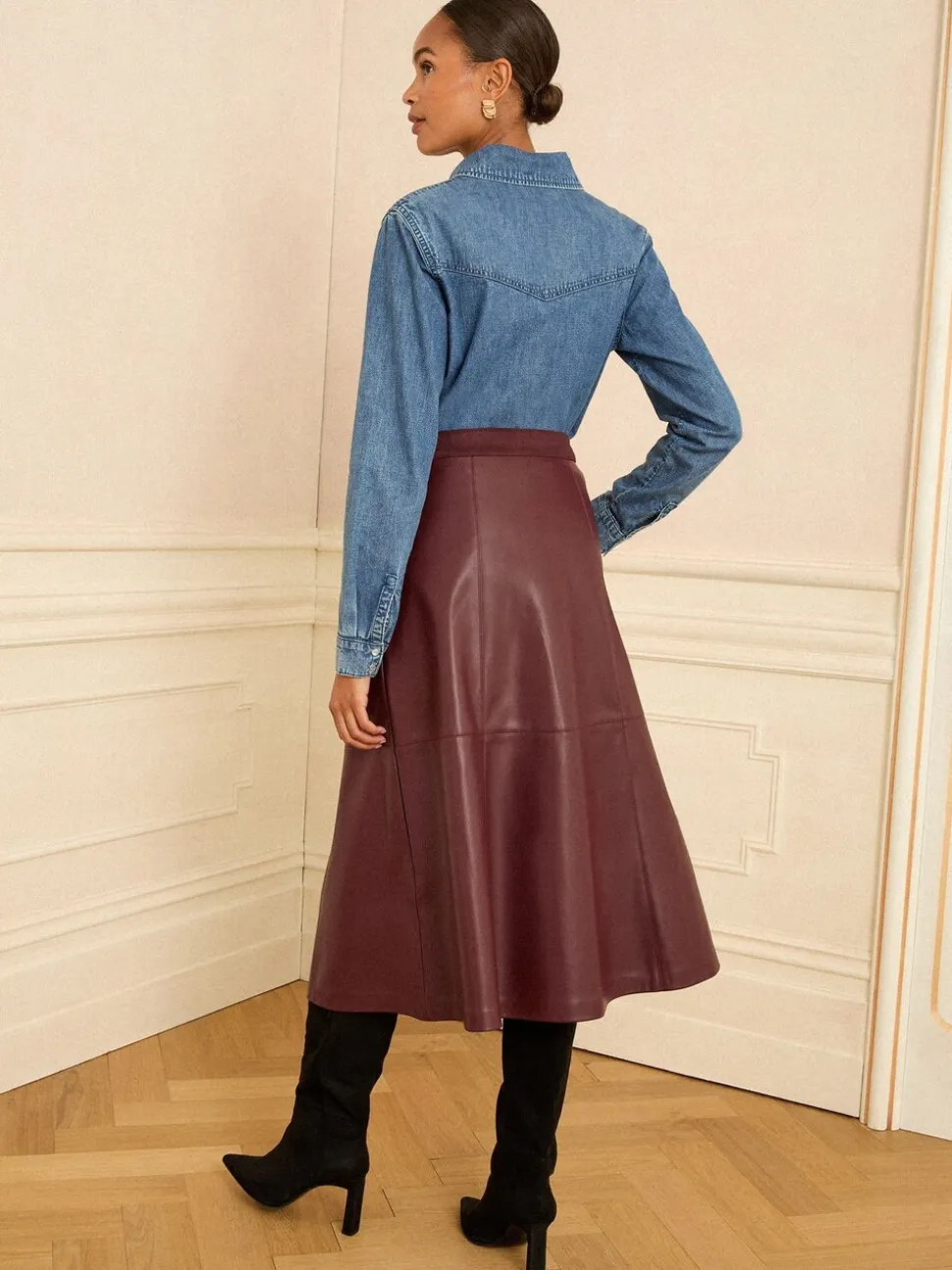 Kersrood - Love & Roses Fit en Flare imitatieleren midi-jurk