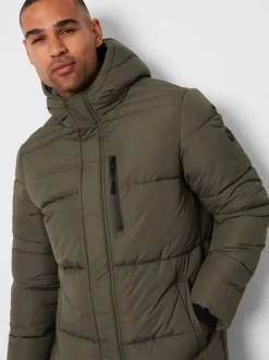 Khaki - Threadbare - Regenbestendige lange gewatteerde jas met capuchon