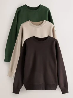 Khaki/steenkleur - Cotton Rich Brushed Back Soft Feel Ribbed Crewneck Sweatshirts 3 Pack