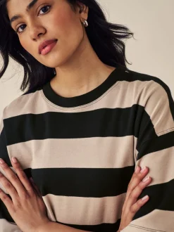 Kiezelkleurige neutrale streep - Boxy oversized T-shirt met relaxte pasvorm van zware stof en ronde hals