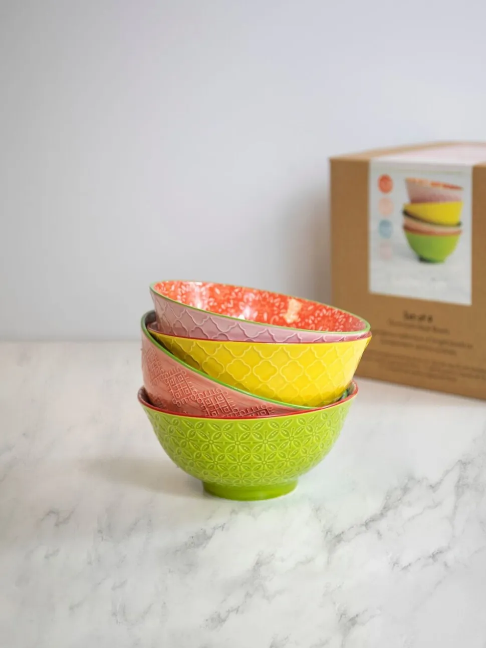 Kitchencraft Set of 4 Patterned Colourful Ceramic Cereal Bowls