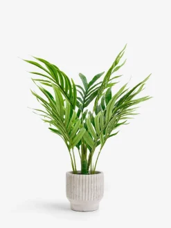 Kleine Kentia-kunstpalmplant in geribbelde betonnen pot