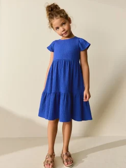 Kobaltblauw - Angel Sleeve Crinkle Dress (3-16yrs)