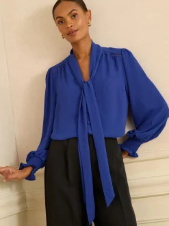 Kobaltblauw - Love & Roses blouse met lange mouwen en striksluiting