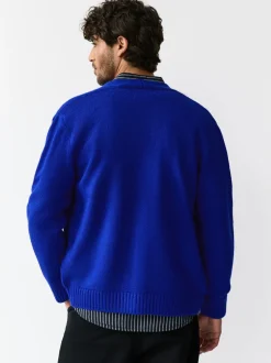 Kobaltblauw - Regular Fit Embroidered Chest Motif Cardigan