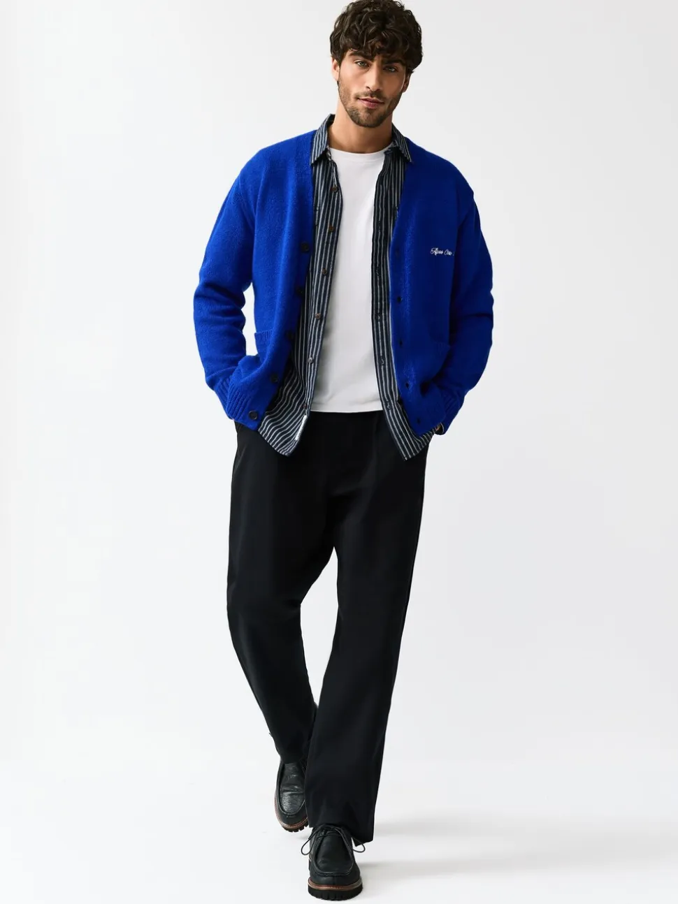 Kobaltblauw - Regular Fit Embroidered Chest Motif Cardigan