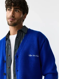 Kobaltblauw - Regular Fit Embroidered Chest Motif Cardigan