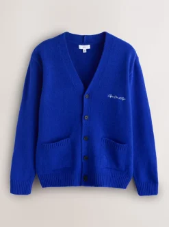 Kobaltblauw - Regular Fit Embroidered Chest Motif Cardigan