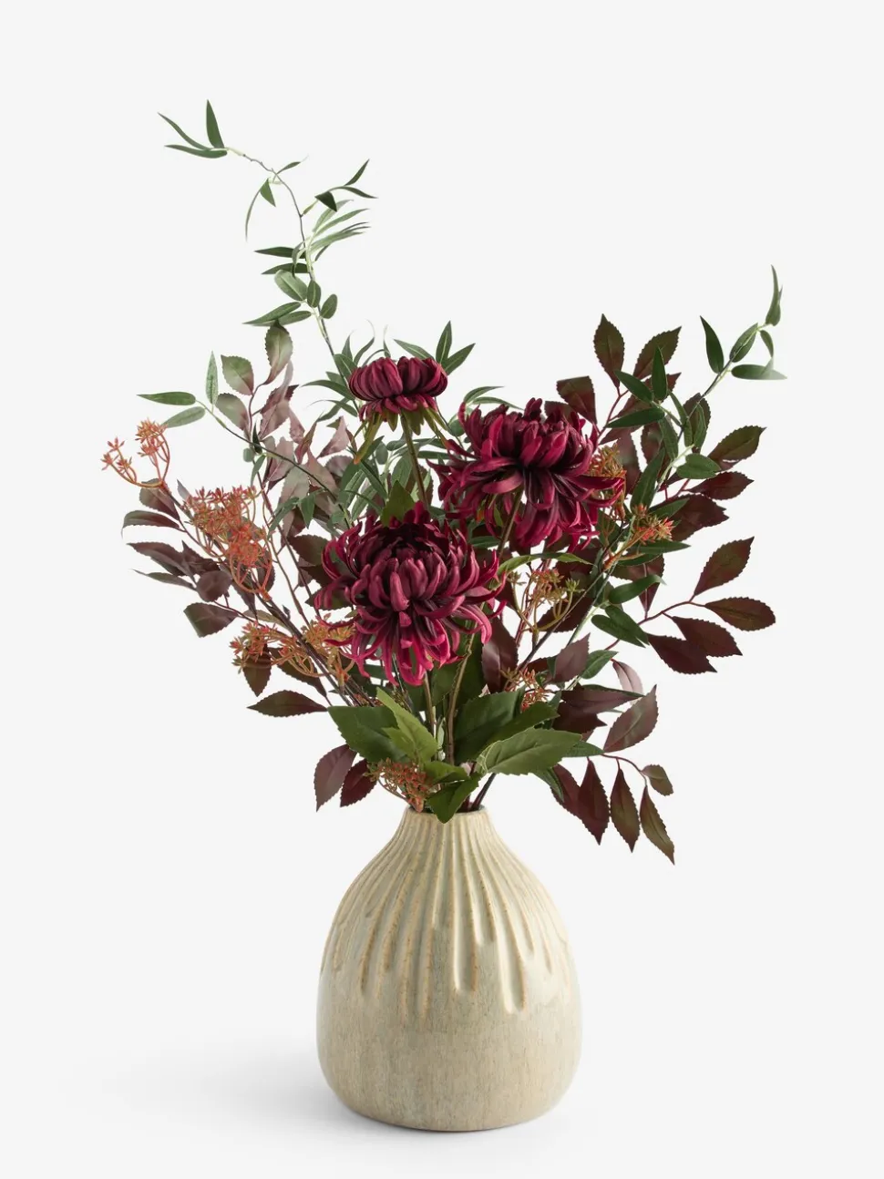 Kunstbloemstuk met donkere bloemen in keramische vaas